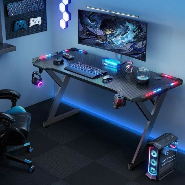 Alt view image 2 of 6 - 40 INCH Gaming Desk with LED Lights, Home Office Gamer Desk, Ergonomic Computer Table with Large Carbon Fiber Desktop, Office Workstation, Cup Holder & Headphone Hook, Black