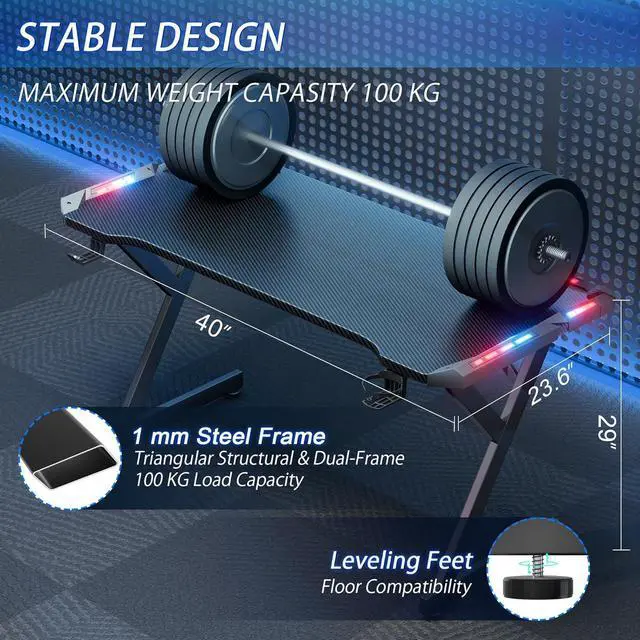 Alt view image 3 of 6 - 40 INCH Gaming Desk with LED Lights, Home Office Gamer Desk, Ergonomic Computer Table with Large Carbon Fiber Desktop, Office Workstation, Cup Holder & Headphone Hook, Black