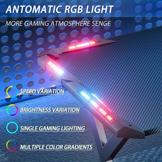 Alt view image 4 of 6 - 40 INCH Gaming Desk with LED Lights, Home Office Gamer Desk, Ergonomic Computer Table with Large Carbon Fiber Desktop, Office Workstation, Cup Holder & Headphone Hook, Black