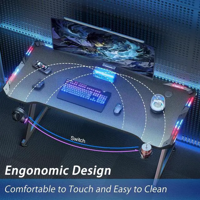 Alt view image 5 of 6 - 40 INCH Gaming Desk with LED Lights, Home Office Gamer Desk, Ergonomic Computer Table with Large Carbon Fiber Desktop, Office Workstation, Cup Holder & Headphone Hook, Black