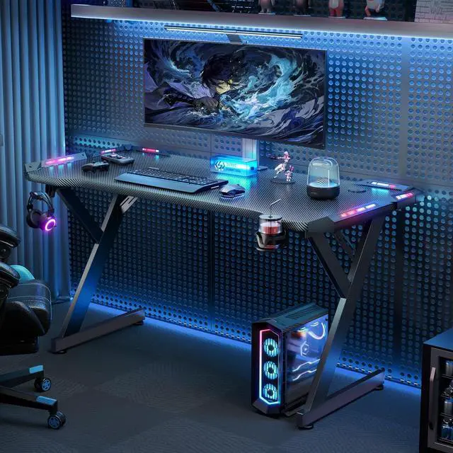 Alt view image 6 of 6 - 40 INCH Gaming Desk with LED Lights, Home Office Gamer Desk, Ergonomic Computer Table with Large Carbon Fiber Desktop, Office Workstation, Cup Holder & Headphone Hook, Black