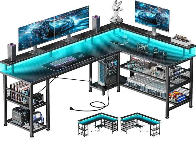Main image of 66" L Shaped Gaming Desk with Power Outlet and LED Lights, PC Gaming Table with Carbon Fiber Texture, Reversible L Shape Desk with Storage Shelves & Monitor Stand, Home Office Desk, Black