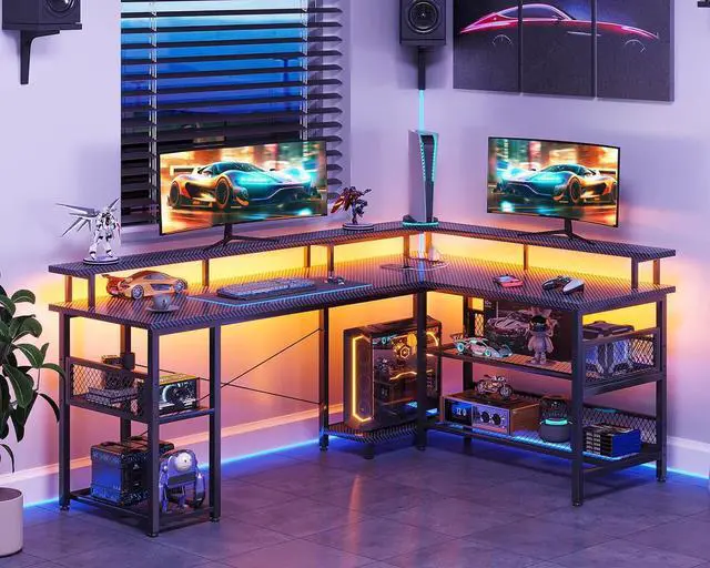 Alt view image 2 of 7 - 66" L Shaped Gaming Desk with Power Outlet and LED Lights, PC Gaming Table with Carbon Fiber Texture, Reversible L Shape Desk with Storage Shelves & Monitor Stand, Home Office Desk, Black