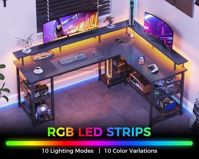 Alt view image 6 of 7 - 66" L Shaped Gaming Desk with Power Outlet and LED Lights, PC Gaming Table with Carbon Fiber Texture, Reversible L Shape Desk with Storage Shelves & Monitor Stand, Home Office Desk, Black