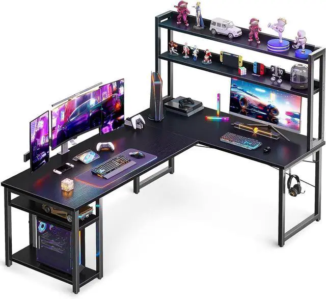 Main image of L Shaped Gaming Desk with Hutch, Computer Desk with Storage Shelves, 66" L Shaped Desk for Home Office, Corner Desk with Headphone Hook, Black