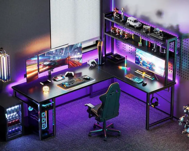 Alt view image 2 of 7 - L Shaped Gaming Desk with Hutch, Computer Desk with Storage Shelves, 66" L Shaped Desk for Home Office, Corner Desk with Headphone Hook, Black