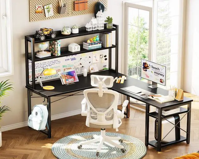 Alt view image 5 of 7 - L Shaped Gaming Desk with Hutch, Computer Desk with Storage Shelves, 66" L Shaped Desk for Home Office, Corner Desk with Headphone Hook, Black