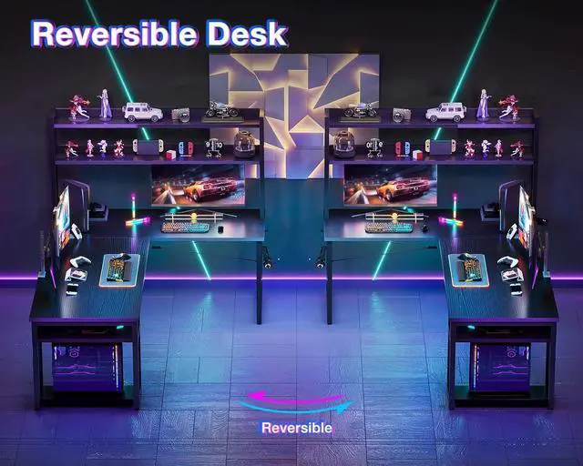 Alt view image 6 of 7 - L Shaped Gaming Desk with Hutch, Computer Desk with Storage Shelves, 66" L Shaped Desk for Home Office, Corner Desk with Headphone Hook, Black