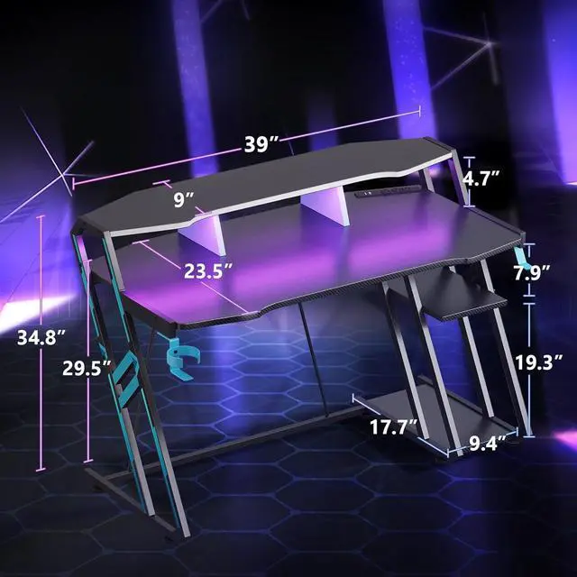 Alt view image 3 of 7 - Gaming Desk with Power Outlet & LED Lights, Computer Desk 39inch with PC Storage Shelf, Gaming Table with Carbon Fiber Texture, Gamer Desk, Gift for Boys Men, Black