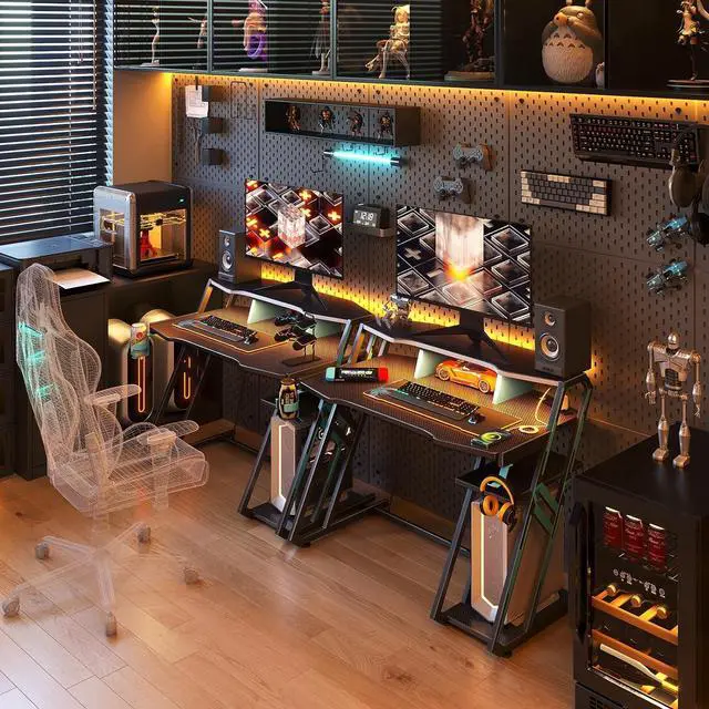 Alt view image 7 of 7 - Gaming Desk with Power Outlet & LED Lights, Computer Desk 39inch with PC Storage Shelf, Gaming Table with Carbon Fiber Texture, Gamer Desk, Gift for Boys Men, Black