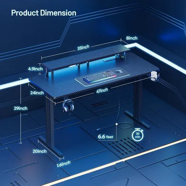 Alt view image 3 of 7 - 47 Inch Gaming Desk with 5 Sockets & LED Lights, Computer Gamer Desk with Monitor Stand, Ergonomic Carbon Fiber Gaming Table Home Office Desk with Cup Holder, Headphone Hook & Mouse Pad