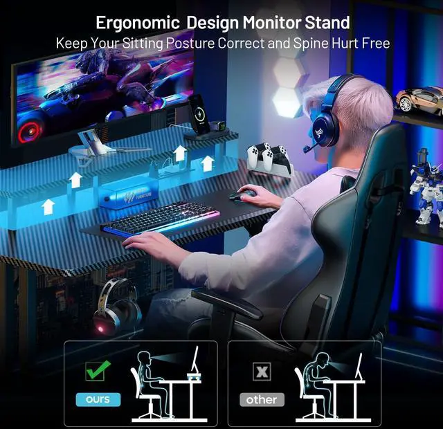 Alt view image 4 of 7 - 47 Inch Gaming Desk with 5 Sockets & LED Lights, Computer Gamer Desk with Monitor Stand, Ergonomic Carbon Fiber Gaming Table Home Office Desk with Cup Holder, Headphone Hook & Mouse Pad