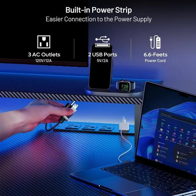 Alt view image 5 of 7 - 47 Inch Gaming Desk with 5 Sockets & LED Lights, Computer Gamer Desk with Monitor Stand, Ergonomic Carbon Fiber Gaming Table Home Office Desk with Cup Holder, Headphone Hook & Mouse Pad