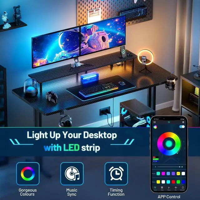 Alt view image 6 of 7 - 47 Inch Gaming Desk with 5 Sockets & LED Lights, Computer Gamer Desk with Monitor Stand, Ergonomic Carbon Fiber Gaming Table Home Office Desk with Cup Holder, Headphone Hook & Mouse Pad