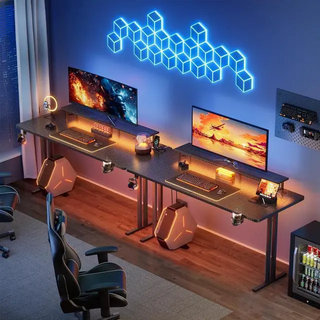 Alt view image 7 of 7 - 47 Inch Gaming Desk with 5 Sockets & LED Lights, Computer Gamer Desk with Monitor Stand, Ergonomic Carbon Fiber Gaming Table Home Office Desk with Cup Holder, Headphone Hook & Mouse Pad