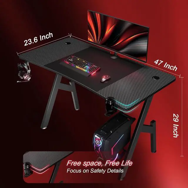 Alt view image 3 of 6 - 47 Inch Gaming Desk with Carbon Fibre Surface, Large Computer Desk Gaming Table, Ergonomic Pc Workstation Home Office Desks with Cup Holder & Headphone Hook