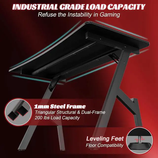 Alt view image 4 of 6 - 47 Inch Gaming Desk with Carbon Fibre Surface, Large Computer Desk Gaming Table, Ergonomic Pc Workstation Home Office Desks with Cup Holder & Headphone Hook