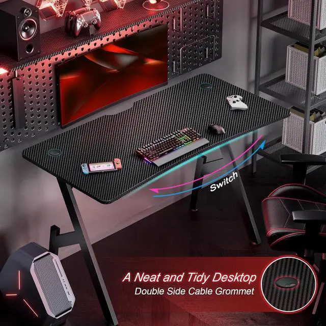 Alt view image 6 of 6 - 47 Inch Gaming Desk with Carbon Fibre Surface, Large Computer Desk Gaming Table, Ergonomic Pc Workstation Home Office Desks with Cup Holder & Headphone Hook
