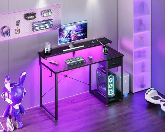 Alt view image 2 of 7 - Gaming Desk with LED Lights & Power Outlet, 40 Inch Computer Desk with Drawer, Reversible Desk with Monitor Shelf & Headphone Hook for Home Office, Black