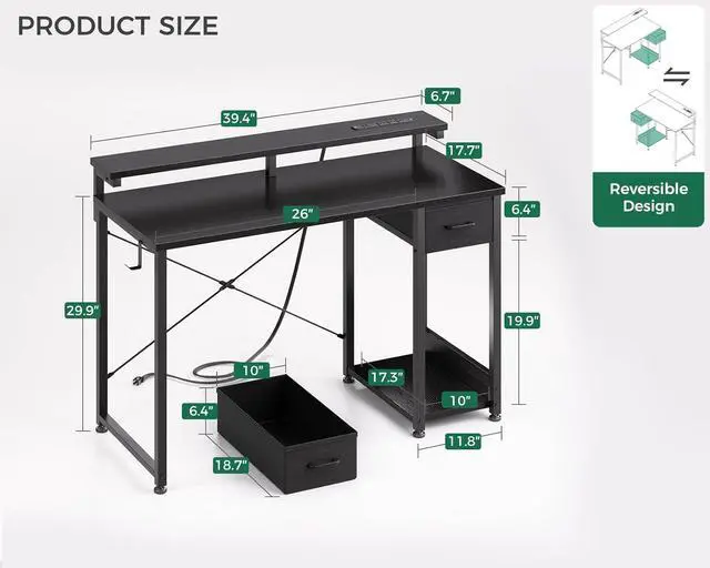 Alt view image 3 of 7 - Gaming Desk with LED Lights & Power Outlet, 40 Inch Computer Desk with Drawer, Reversible Desk with Monitor Shelf & Headphone Hook for Home Office, Black