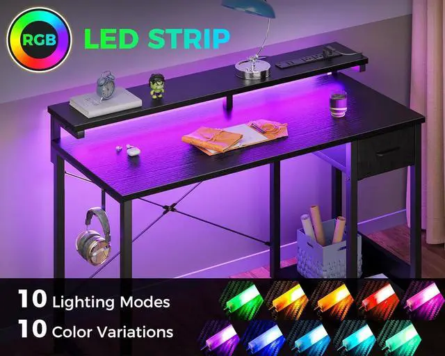 Alt view image 5 of 7 - Gaming Desk with LED Lights & Power Outlet, 40 Inch Computer Desk with Drawer, Reversible Desk with Monitor Shelf & Headphone Hook for Home Office, Black