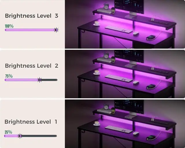 Alt view image 6 of 7 - Gaming Desk with LED Lights & Power Outlet, 40 Inch Computer Desk with Drawer, Reversible Desk with Monitor Shelf & Headphone Hook for Home Office, Black