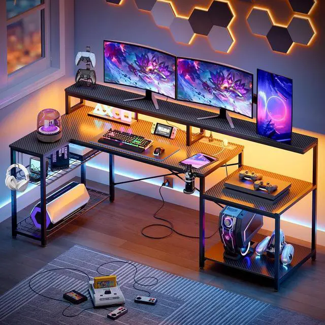 Main image of Bestier LED Gaming Desk with Power Outlets, 71 inch L Shaped Computer Desk with Monitor Stand, Large Desk with Printer Stand Adjustable Shelf, Cup Holder & Hooks, Home Office Desk Black
