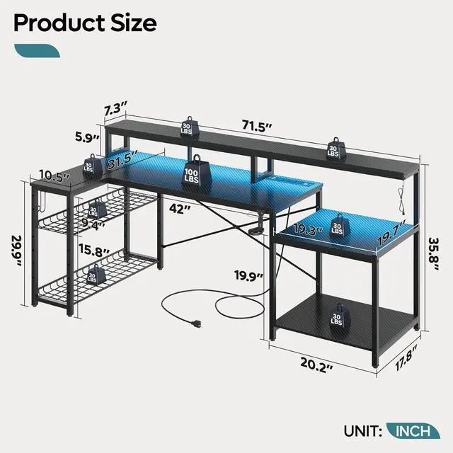 Alt view image 2 of 7 - Bestier LED Gaming Desk with Power Outlets, 71 inch L Shaped Computer Desk with Monitor Stand, Large Desk with Printer Stand Adjustable Shelf, Cup Holder & Hooks, Home Office Desk Black
