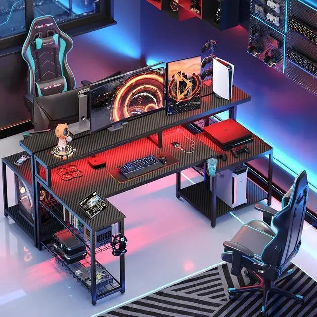 Alt view image 3 of 7 - Bestier LED Gaming Desk with Power Outlets, 71 inch L Shaped Computer Desk with Monitor Stand, Large Desk with Printer Stand Adjustable Shelf, Cup Holder & Hooks, Home Office Desk Black