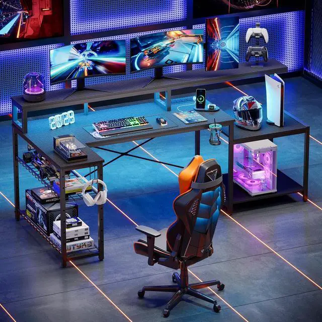 Alt view image 7 of 7 - Bestier LED Gaming Desk with Power Outlets, 71 inch L Shaped Computer Desk with Monitor Stand, Large Desk with Printer Stand Adjustable Shelf, Cup Holder & Hooks, Home Office Desk Black
