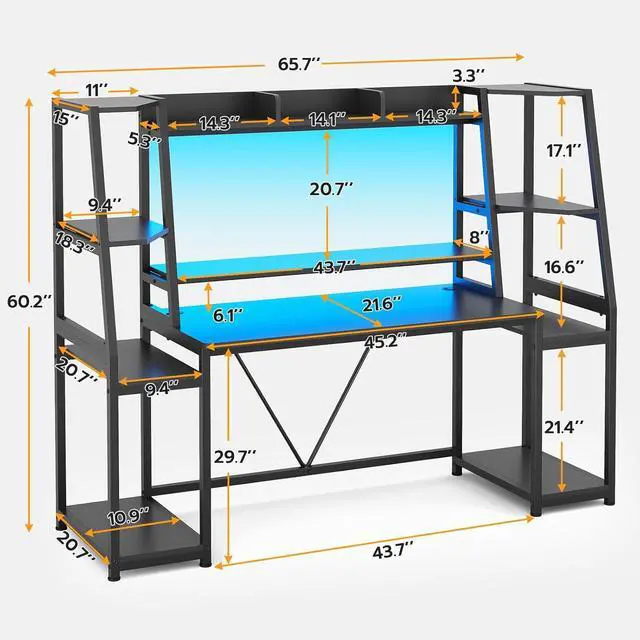Alt view image 2 of 7 - Gaming Desk 65.7'' with LED Lights, Hutch and Storage Shelves, Computer Desk with Monitor Stand, Large PC Gamer Desk Workstation, Ergonomic Gaming Table for Bedroom, Living Room, Black