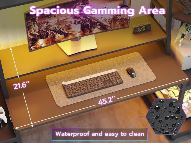Alt view image 4 of 7 - Gaming Desk 65.7'' with LED Lights, Hutch and Storage Shelves, Computer Desk with Monitor Stand, Large PC Gamer Desk Workstation, Ergonomic Gaming Table for Bedroom, Living Room, Black