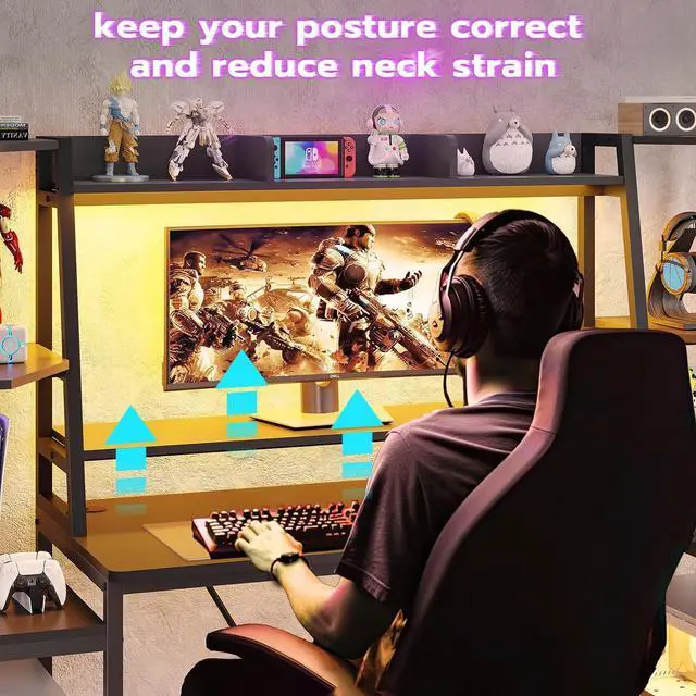 Alt view image 6 of 7 - Gaming Desk 65.7'' with LED Lights, Hutch and Storage Shelves, Computer Desk with Monitor Stand, Large PC Gamer Desk Workstation, Ergonomic Gaming Table for Bedroom, Living Room, Black