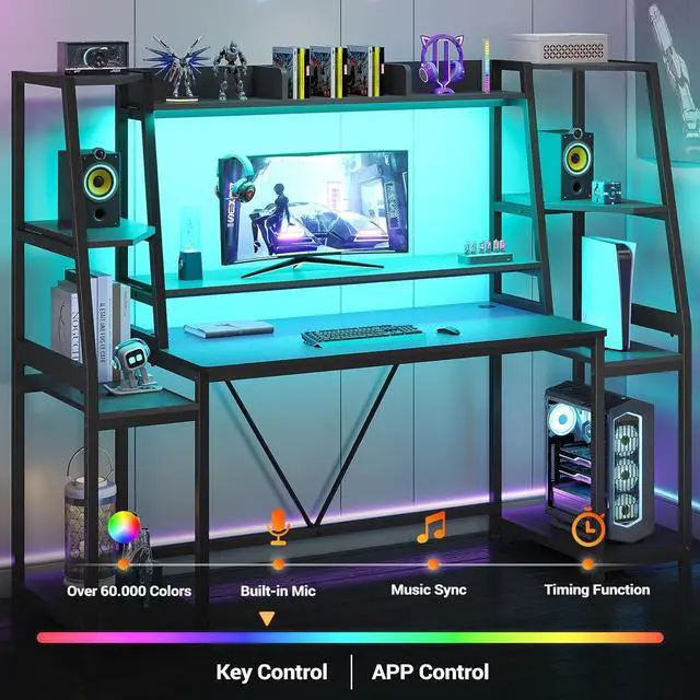 Alt view image 7 of 7 - Gaming Desk 65.7'' with LED Lights, Hutch and Storage Shelves, Computer Desk with Monitor Stand, Large PC Gamer Desk Workstation, Ergonomic Gaming Table for Bedroom, Living Room, Black