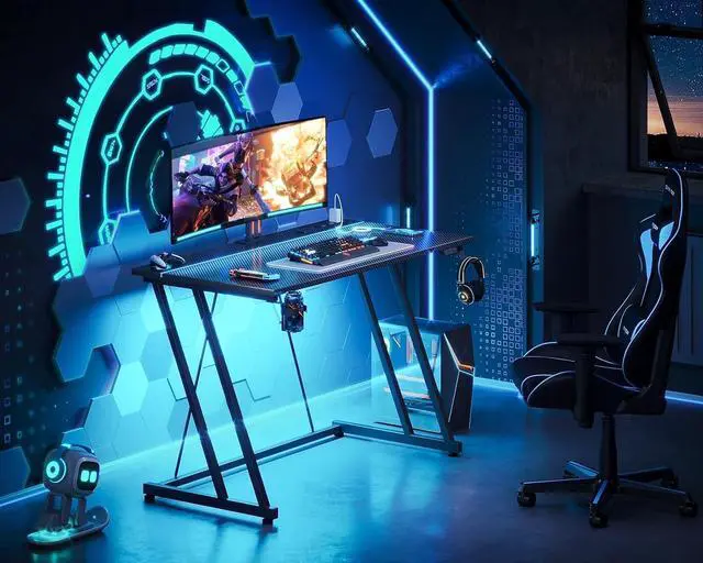 Alt view image 2 of 7 - 39 Inch Small Gaming Desk with LED Lights & Power Outlet, Computer Desk for Small Space, Gaming Table with Carbon Fiber Texture, Kids Desk Gift for Boys Men, Black