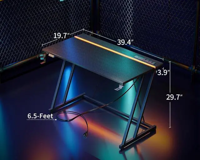 Alt view image 3 of 7 - 39 Inch Small Gaming Desk with LED Lights & Power Outlet, Computer Desk for Small Space, Gaming Table with Carbon Fiber Texture, Kids Desk Gift for Boys Men, Black