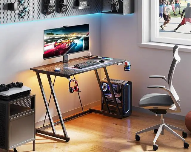 Alt view image 7 of 7 - 39 Inch Small Gaming Desk with LED Lights & Power Outlet, Computer Desk for Small Space, Gaming Table with Carbon Fiber Texture, Kids Desk Gift for Boys Men, Black