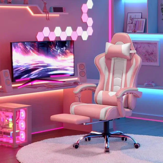 Alt view image 2 of 7 - Gaming Chair, Video Game Chair with Massage Lumbar Support and Footrest Height Adjustable Ergonomic Computer Chair with Swivel Seat and Headrest, Pink/White