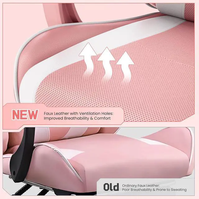 Alt view image 5 of 7 - Gaming Chair, Video Game Chair with Massage Lumbar Support and Footrest Height Adjustable Ergonomic Computer Chair with Swivel Seat and Headrest, Pink/White