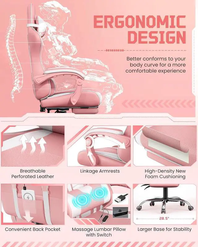 Alt view image 3 of 7 - Gaming Chair, Video Game Chair with Massage Lumbar Support and Footrest Height Adjustable Ergonomic Computer Chair with Swivel Seat and Headrest, Pink/White