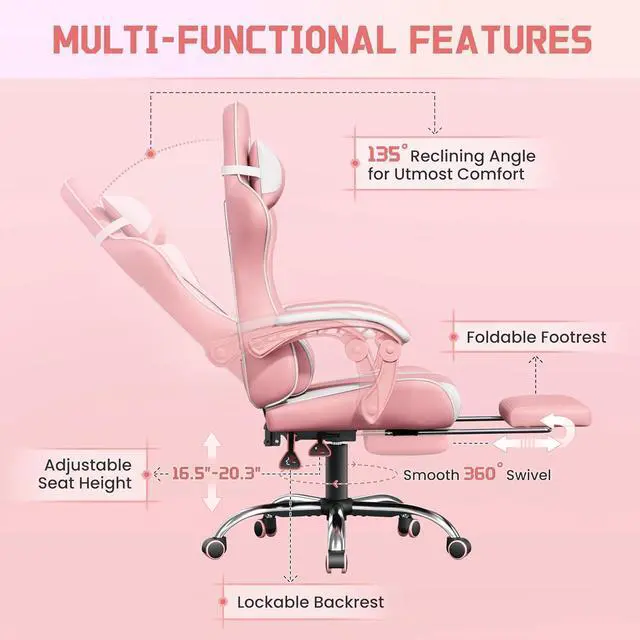 Alt view image 6 of 7 - Gaming Chair, Video Game Chair with Massage Lumbar Support and Footrest Height Adjustable Ergonomic Computer Chair with Swivel Seat and Headrest, Pink/White