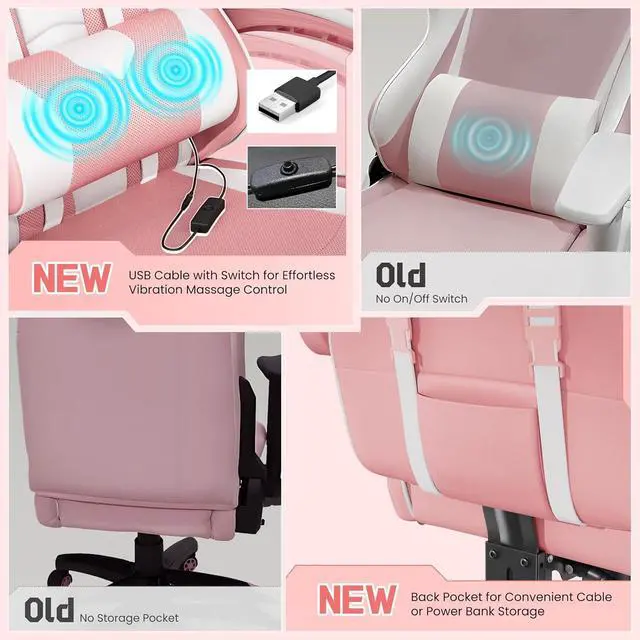 Alt view image 4 of 7 - Gaming Chair, Video Game Chair with Massage Lumbar Support and Footrest Height Adjustable Ergonomic Computer Chair with Swivel Seat and Headrest, Pink/White