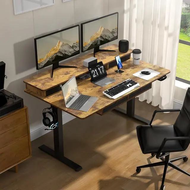 Alt view image 2 of 7 - Electric Standing Desk, 63 * 30 Inches Adjustable Height with 4 Drawers, Double Storage Shelves Stand Up Desk, Home Office Workstation Sit Stand up Desk (Rustic Brown)