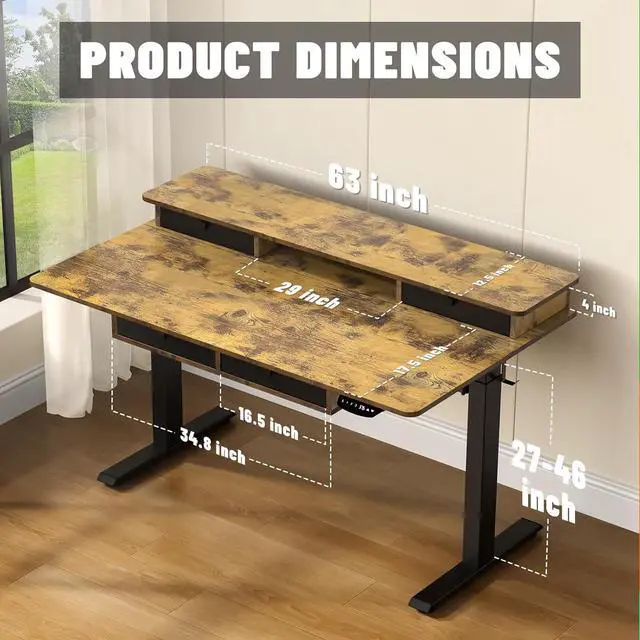 Alt view image 3 of 7 - Electric Standing Desk, 63 * 30 Inches Adjustable Height with 4 Drawers, Double Storage Shelves Stand Up Desk, Home Office Workstation Sit Stand up Desk (Rustic Brown)
