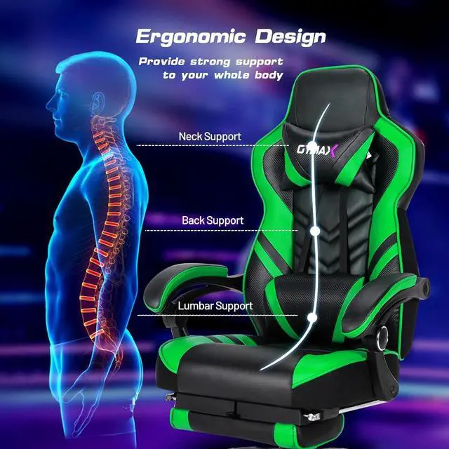 Alt view image 4 of 7 - Green Gaming Chair Ergonomic Computer Chair for Adults Teens Reclining Gamer Chair High Back Game Chair Racing Style Desk Chair with Retractable Footrest, Lumbar Support and Headrest