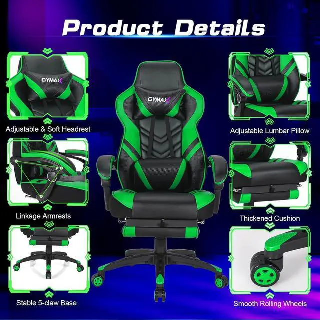 Alt view image 7 of 7 - Green Gaming Chair Ergonomic Computer Chair for Adults Teens Reclining Gamer Chair High Back Game Chair Racing Style Desk Chair with Retractable Footrest, Lumbar Support and Headrest