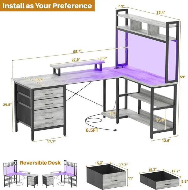 Alt view image 2 of 7 - L Shaped Desk with Hutch, Gaming Desk with Led Lights, Reversible Computer Desk with Power Outlet, Corner Desk with File Drawer & Monitor Stand, Storage Shelves for Home Office, White Oak