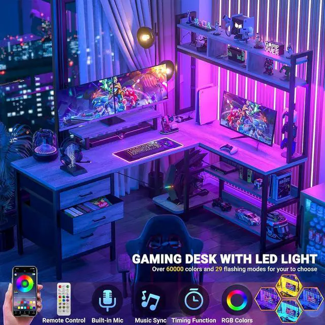Alt view image 3 of 7 - L Shaped Desk with Hutch, Gaming Desk with Led Lights, Reversible Computer Desk with Power Outlet, Corner Desk with File Drawer & Monitor Stand, Storage Shelves for Home Office, White Oak