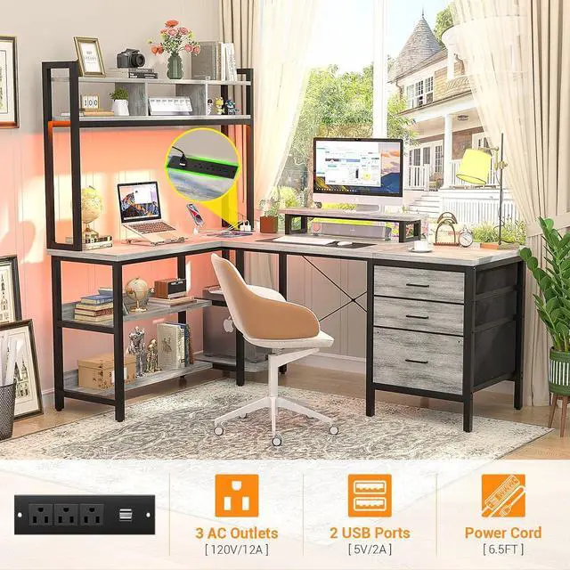 Alt view image 4 of 7 - L Shaped Desk with Hutch, Gaming Desk with Led Lights, Reversible Computer Desk with Power Outlet, Corner Desk with File Drawer & Monitor Stand, Storage Shelves for Home Office, White Oak