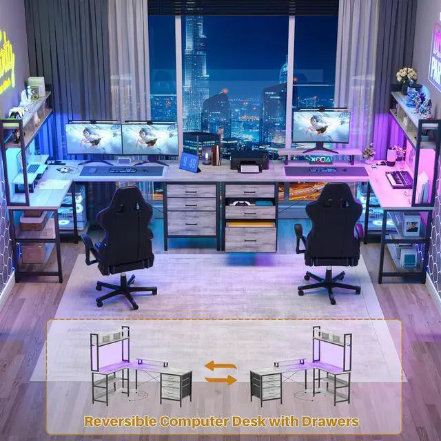 Alt view image 5 of 7 - L Shaped Desk with Hutch, Gaming Desk with Led Lights, Reversible Computer Desk with Power Outlet, Corner Desk with File Drawer & Monitor Stand, Storage Shelves for Home Office, White Oak